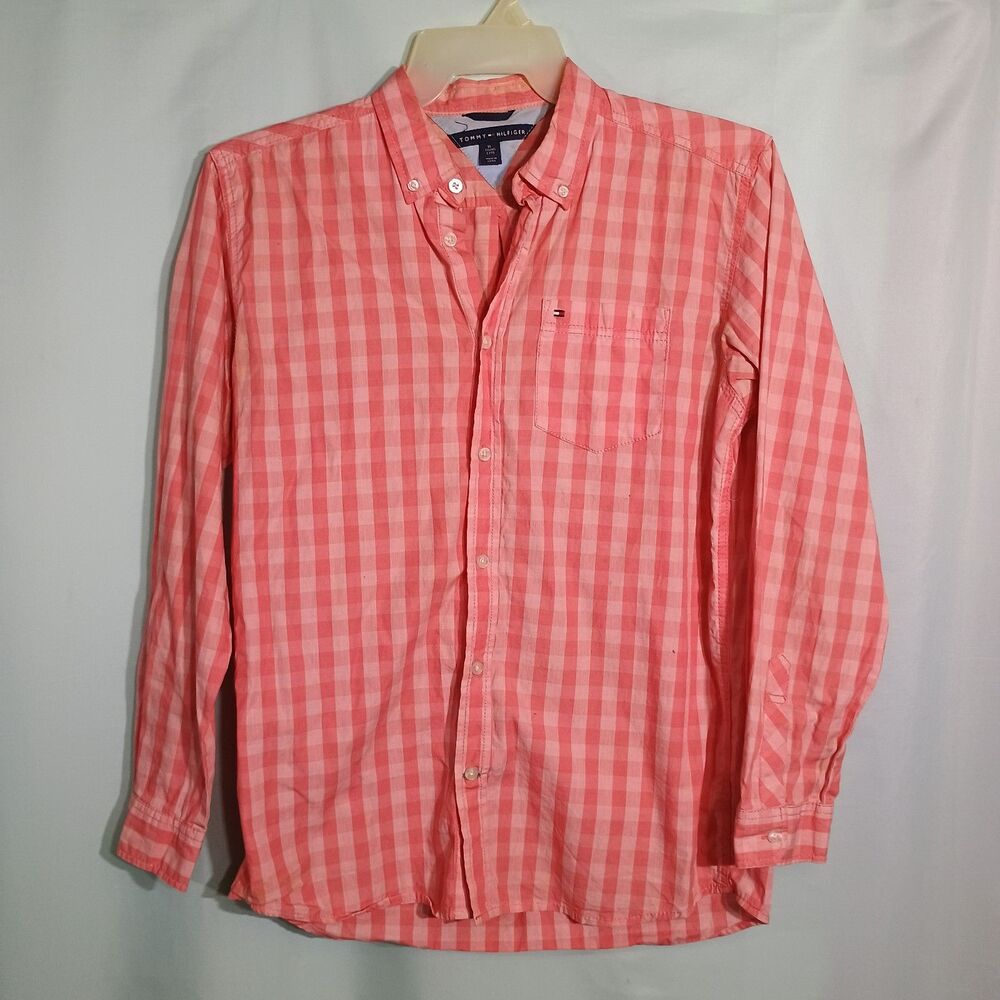 Tommy Hilfiger Men’s Coral Pink Gingham Shirt – Long Sleeve Button Down Shirt